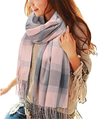 heekpek Damen Kariert Oversized Kaschmir Schal Lange Winterschal Weich Wraps Groß Karo Fransen Schal Warm Schal für Herbst Winter, Rosa grau