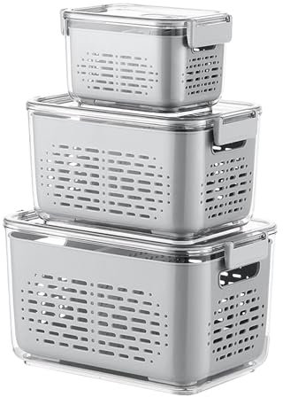 Frischhaltedosen Obst Gemüse mit Deckel Sieb Abtropfsieb Kunststoff Kühlschrank Organizer Set Salat Beeren Vorratsdosen Wiederverwendbar Fridge Frischhalteboxen zum Aufbewahren 3er-Set (1,8L+5L+9L)