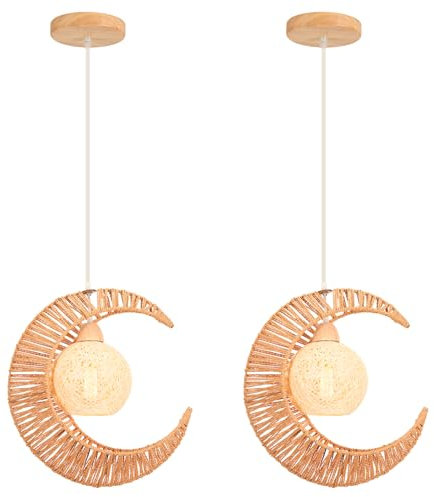 LIGKIN 2 Stücke Pendelleuchte Rattan Hängeleuchte Mond E27 Papierkordel Lampenschirm Hängelampe Vintage Boho Deckenleuchte für Schlafzimmer, Wohnzimmer, Küche, Café