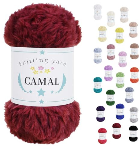 CAMAL Flauschige Wolle zum Häkeln Flauschig Schal Fluffy Plüschwolle 100g / 60m Weiche Fransengarn Chunky Wolle Kuschelwolle zum Stricken Mütze, Ohrenschützer, Puppen (Weinrot)