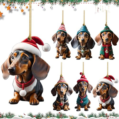 Dackel Weihnachtsbaumschmuck, 6 Stück Weihnachtsanhänger, Acryl Weihnachtsbaum Anhänger, 2D Dachshund Tannenbaumschmuck, Weihnachten Baumschmuck, Weihnachtsdeko Auto Ornament Geschenke