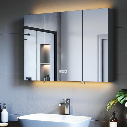 SUNXURY Spiegelschrank 900x650mm mit Beleuchtung, LED Badspiegelschrank, 3 Farbtemperatur dimmbare, Antibeschlag, Steckdose und Touch, Schwarz Smarter Spiegelschrank