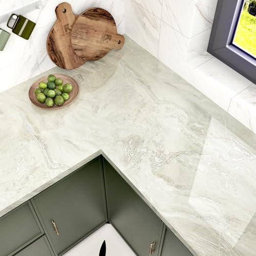 HotDecor Beige and Silver Wallpaper Glossy Marble Sticky Back Plastic Kitchen Vinyl Wrap for Worktop Cupboards Cream Marble Effect Self Adhesive Vinyl Wallpaper Kitchen Cupboard Wrap 60cm x 300cm