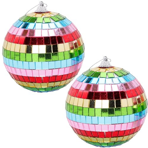 Christmas Concepts® Pack of 2-100mm (4) Multi Coloured Mirror Disco Ball Baubles - Christmas Tree Hanging Decorations