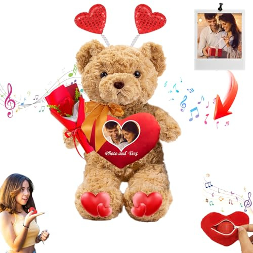 JABECODIFA Nounours Personnalisé avec Coeur, Cadeau Saint Valentin pour Homme Femme Nounours en Peluche Valentin avec Texte+Photo, Cadeaux Personnalisés pour Saint Valentin Anniversaire (26 cm)