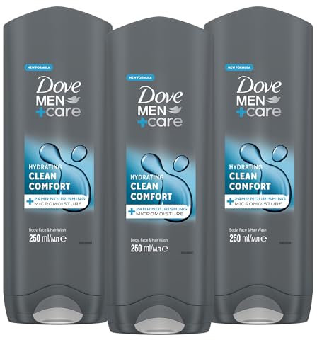 Dove Men+Care Hydrating Clean Comfort Body, Face & Hair Wash, 250 ml | 24hr Nourishing Micromoisture | Bulk Buy 3 or 6 Packs