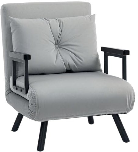 HOMCOM Single Chair Bed, Click Clack Convertible Bed Settee, Modern Velvet Feel Fabric Chair Couch with 1 Tufted Cushion, Wood Armrests, for Living Room, Bedroom, Guest Room, Light Grey