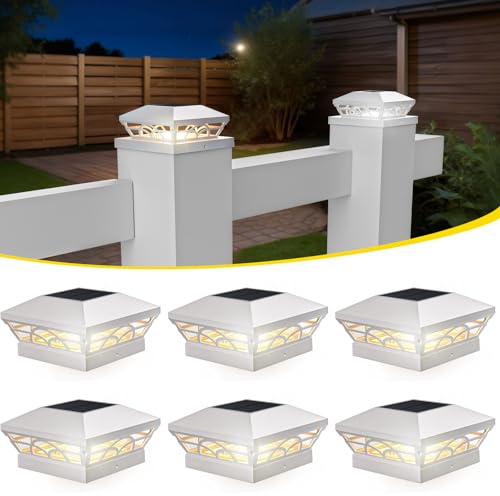 T-SUN Solar Post Cap Lights 6 Pack – Outdoor Waterproof Fence Lights for 3.5x3.5 4x4 5x5 5.5x5.5 Wood/Vinyl Posts, 2 Modes Warm White/White, Solar Deck Light for Patio, Garden, Porch (White)