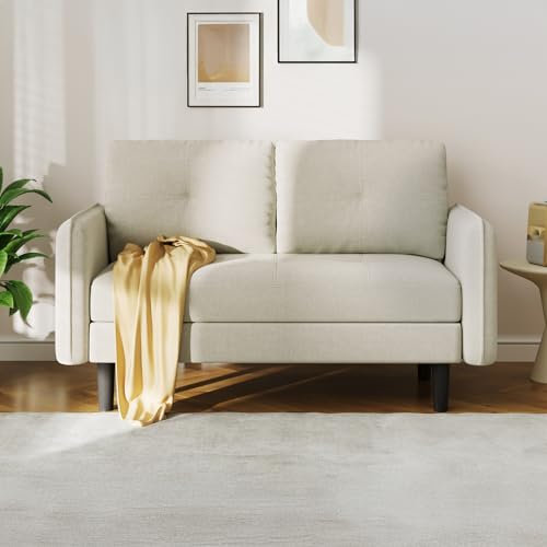 Hello-5ive 2 Seater Sofa, Modern Linen Sofa Couch with Thicken Cushions, Comfy Small Loveseat Sofa for Living Room, Bedroom, Office, Apartment, Sofa 2 Seater Settee with Pocket, Beige