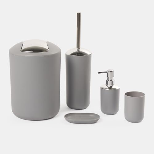 OHS 5 Piece Bathroom Accessories for Home, Bathroom Organiser Toilet Brush Set Soap Holder Dispenser Toothbrush Pot Bin Bathroom Accessories Set Bath Gift Set, Grey