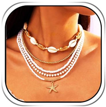 Collar bohemio con cuentas en capas, gargantilla de concha blanca, collar con colgante de estrella de mar para mujer, talla única