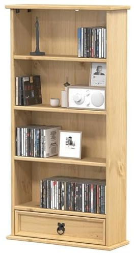 Eleganz Corona 52x17,5x103 cm Massivholz CD-Schrank - Regalsystem aus massivem Kiefernholz mit Honigwachs-Finish, ideal für Wohnzimmer und Büro