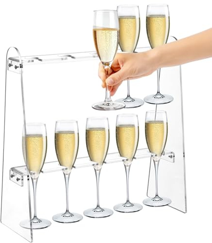 YOFAPA 2 Tier Acrylic Champagne Holder, 10-Slot Clear Champagne Flute Glass Stand, Wine Glass Hanging Display Rack, Acrylic Stemware Tower Shelf, Fit Up to 9 Glasses