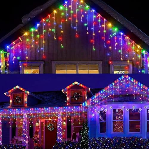 Purpledi Eisregen Lichterkette außen 10m, 410 LEDs Weihnachtsbeleuchtung außen Bunt, IP44 wasserdicht Lichterkette mit Fernbedienung 8 Modi Timer für Weihnachtsdeko Aussen Innen B