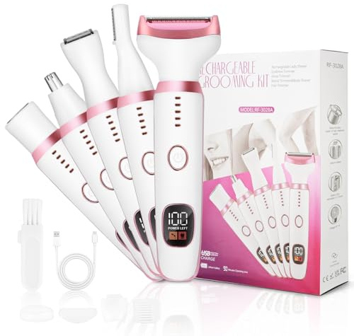 CNMTCCO Intimrasierer für Frauen,5 in 1 Rasierer Damen mit Nasenhaartrimmer,Augenbrauentrimmer,Frauenrasierer,Bartschneider,Kurvenrasierer für Bikinizone,Achseln,Beine,Augenbrauen,Nase,USB-Ladekabel