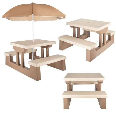 COIL Gartenmöbel, Kindertisch mit Sonnenschirm sitzgruppe Kinder Outdoor - Vielseitige Kindersitzgruppe, Picknicktisch für Kinder ab 3 Jahren - Kindersitzgarnitur Outdoor (Braun)