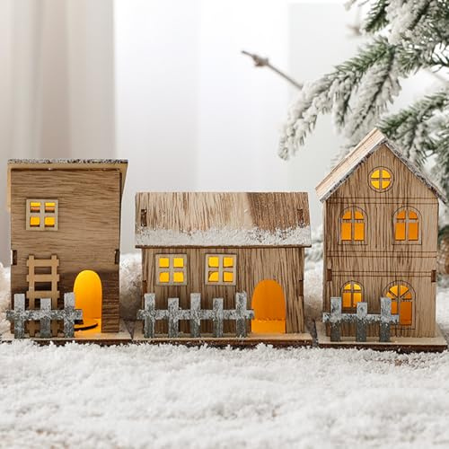 Yarteim Weihnachtsdorf mit Beleuchtung, Weihnachtsdeko Holz Haus mit LED Licht, Mini Weihnachten Wichtelhaus, Deko Häuser Holz, Weihnachtshaus Beleuchtet, Weihnachtsdeko Innen Holzhaus (3 Stück)