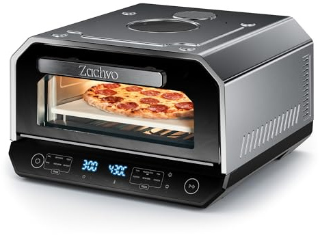 ZACHVO Elektrischer Pizzaofen 450 °C mit Sichtfenster & Innenbeleuchtung | Pizza bis Ø 33 cm in ca.90 Sek, 6 Pizza-Programme, 6 Kochmodi, Profi-Modus, inkl. Pizzastein, Pizzaschaufel & Backblech