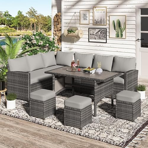 YODOLLA 10 Seater Garden Furniture Set, Outdoor Patio Grey Rattan Conversation Set with Dining Table, Chairs & Ottomans, Garden Wicker Sofa Set for Patio