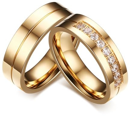 Eheringe Freundschaftsringe Ringe, 6MM Trauringe Edelstahl Vergoldet Paarpreis Poliert Personalisiert mit Zirkonia Hochzeitsringe mit Gravur für Sie und Ihn Größe Damen 57 (18.1) & Herren 65 (20.7)