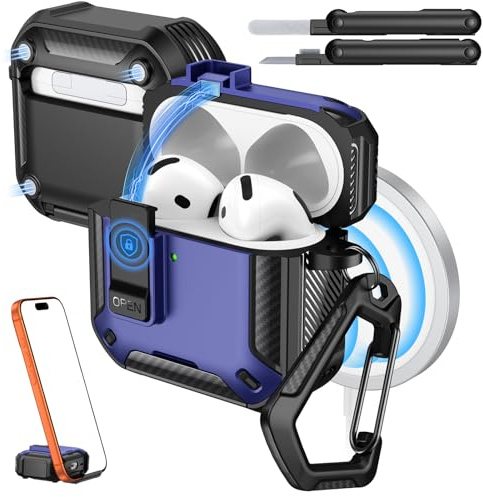 MoKo für AirPods 4 Hülle mit Verschluss 2024 - Kompatibel mit MagSafe, elefonhalterung und automatischem Pop-up für AirPods 4. Generation Hülle, Schutzhülle mit Reinigungsset, Dunkelblau+Schwarz