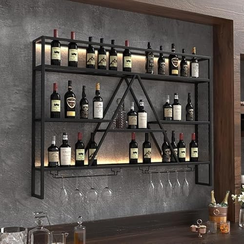 WEDGO Wall Mounted Wine Rack with LED Lights – 47.2 Metal Bar Shelf for Liquor Bottles, Wine Glass Display and Home Bar Storage, Industrial Black Wall Mounted Bar Shelves