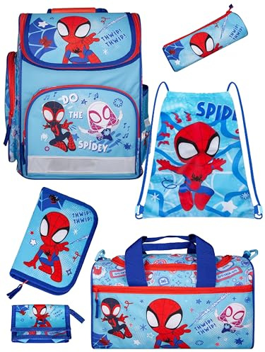 Familando - Schulranzen-Set für Spiderman Fans - Spidey & Friends - 6-teilig mit Sporttasche - Ergonomisch, stabil & mit gepolstertem Rücken - 930g leicht - 15L Volumen - Für Grundschule ab 1. Klasse