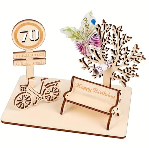Huba Holz-Geschenkbox zum 70. Geburtstag, Geldbaum, Fahrrad, Basteldekoration, Montageset, Jahrestagsgeschenk