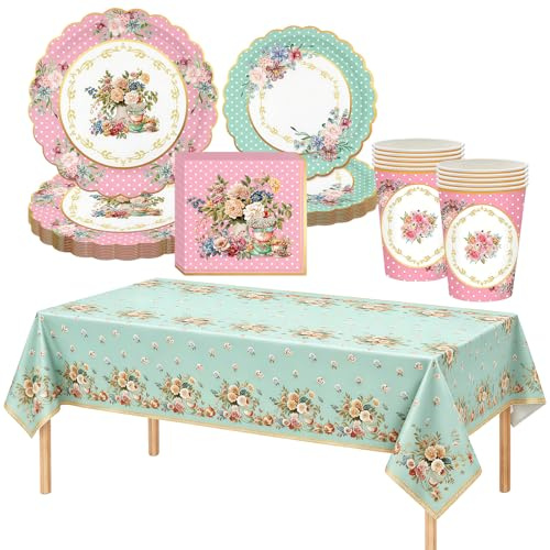 41 Pcs Afternoon Tea Party Tableware Set for 10 Guests, Floral Paper Plates Cups Napkins and Tablecloth, Vintage Tea Party Decorations for Birthday Bridal Shower Baby Shower Garden Party