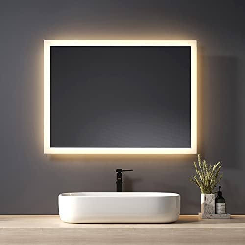 Heilmetz Badspiegel mit Beleuchtung LED 80x60cm, Badezimmerspiegel 3000K Warmweiß Licht, Wandspiegel mit Beleuchtung, Vertikal/Horizontal Montage