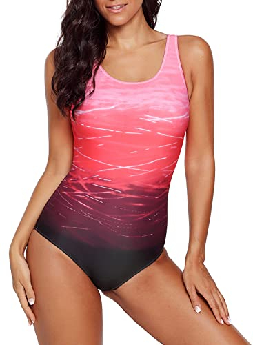 Aleumdr Badeanzug Damen Push up Bademode Schwimmanzug Bauchweg Farbverlauf Figurformenden Effekten Rückenfrei Bandeau Kreuz Rückseite Einteiler Swimsuit S-XXL, Rot XXL