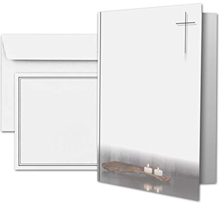 25 x Trauerkarte DIN A6 Motiv Kerzen auf Holz + Trauerumschläge DIN C6 - schwarzer Trauer-Doppelrahmen - 10,5 x 14,8 cm - Doppelkarte bedruckbar - Kondolenz Set für Danksagung, Einladung, Anzeige