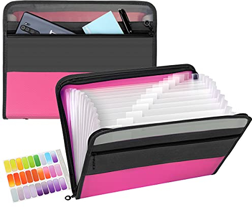 Dokumentenmappe 13 Fächern,TRANBO Fächermappe Datei Organizer mit Reißverschluss, Erweiterbar Ordnungsmappe Mappe/Ordner Organizer A4/Document organizer/Ordner für Büros und Schulen (Rosa)