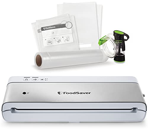 FoodSaver VS0100 Machine à emballer sous vide compacte avec accessoire pour sceller la main | 1 rouleau et 4 sacs | Argent avec accents blancs