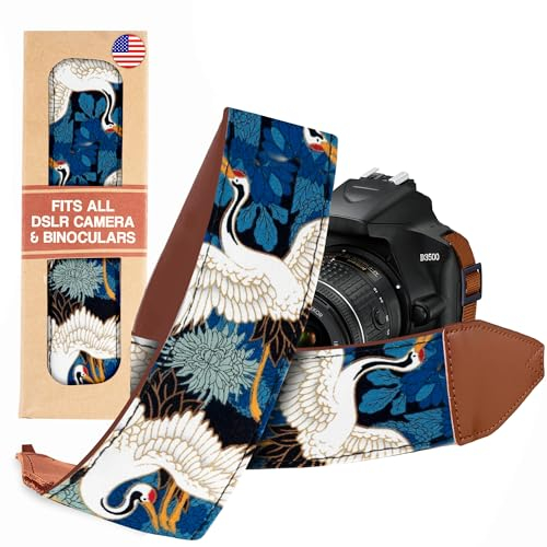 Art Tribute Camera Strap Blue Crane Gold Foil Style Vintage for All DSLR Camera. Embroidered Elegant Universal Neck & Shoulder Strap, Floral Pattern for Men & Women Photographers