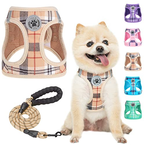 BEAUTYZOO Step in No Chock No Pull Soft Mesh Dog Harness and Leash Set, Reflective for Extra-Small/Small Puppy Dogs and Cats, Plaid Dog Vest Harness for XS/S Pets, Beige