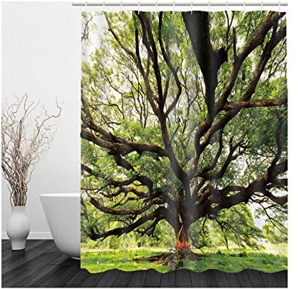 Whoiy Duschvorhang 120X180 Waschbar, Duschvorhang für Badewanne Polyester Bath Curtains Großer Baum Grün Braun für Outdoor Hotel
