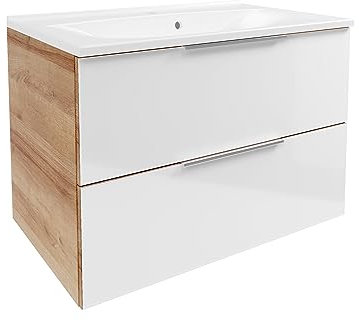 FACKELMANN B.Brillant Waschbeckenunterschrank – inklusive weißem Waschbecken aus Gussmarmor – Hängend und Front aus lackiertem Glas – Badschrank in Weiß & Eiche (80 x 56 x 50 cm)