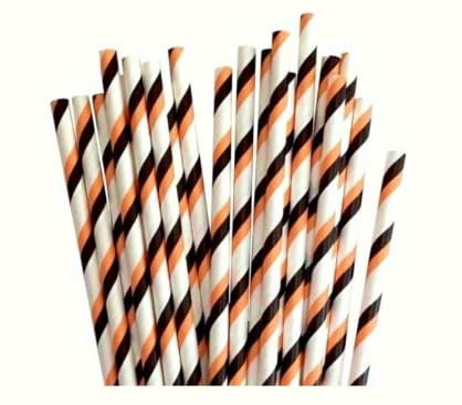 LMS Paper Straws 25pcs, Biodegradable Recyclable Drinking Straws for Wedding | Birthday Party Straws for Cocktail, Holiday, Coffee, Soda, Baby Shower Suppliers (White Orange Black Stripes)