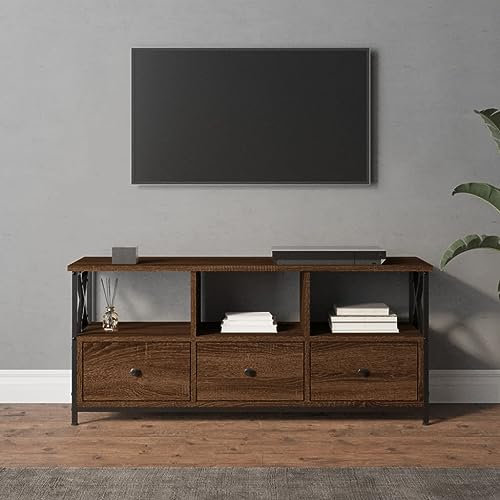 Homgoday TV Cabinet Brown Oak 102x33x45cm Engineered Wood & Iron Entertainment Center Cabinet TV Stand Hifi Cabinet Stereo Cabinet TV Unit Living Room Furniture Home Indoor Storage Chest