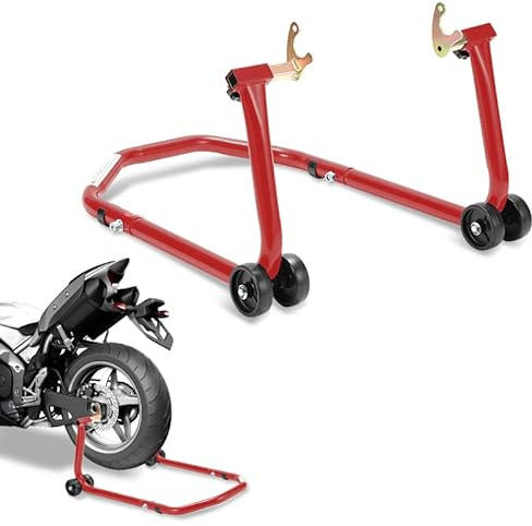 Eulenke Montageständer hinten mit U-Adapater, Motorradheber für Fast alle Motorräder, sicheres, stabiles Abrollen, Motorrad Ständer bis 300 kg, Montageheber in der Breite verstellbar, Rot