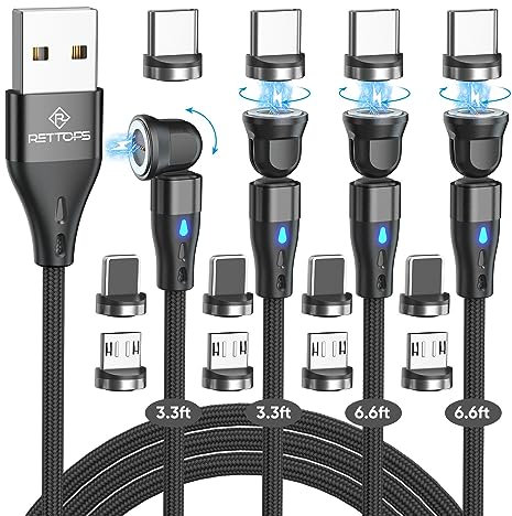 RETTOPS Câble de charge magnétique USB à 540°, rotation à 7 broches, chargeur 3 en 1, lot de 4, 0,9 m/0,9 m/1,8 m/1,8 m, câble de charge rapide 3 A, câble de charge magnétique pour iPhone/Micro