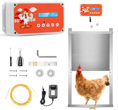 Couleeur Porte Automatique Poulailler avec Télécommande et minuterie,Kit de Porte de Poulailler Electrique Fonctionnement sur Secteur ou Batterie, Traction 3 kg avec Porte Poulailler