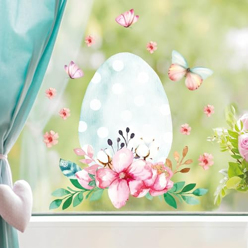 Wandtattoo Loft Fensterbilder Frühling Selbstklebend Ostern Osterei & Blumen Motiv – A4 Bogen, Wiederverwendbar – Deko Frühling, Frühlingsbild Fenster, Fensterdeko Frühling, Fensterbild Ostern