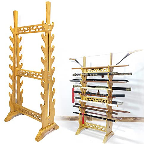 Massivholz-Schwertständer, großer Samurai-Schwerthalter, Katana-Schwerthalter, bodenstehender Waffenständer, Messerständer zur Aufbewahrung verschiedener Schwerter und Langwaffen (Holzfarbe 16)