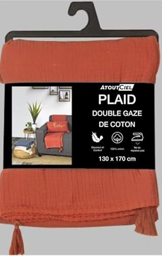 Atout Ciel Plaid en Gaze de Coton avec Pompons, 130x170cm, Terracotta