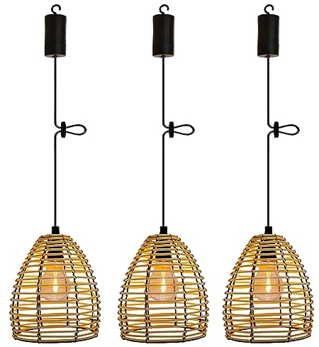 3x Vintage Hängelampe mit Batterie Fernbedienung Boho Rattan Lampe Akku Hängeleuchte Deckenlampe ohne Stromanschluss Wetterfest Laternen Lampions für Außen Garten Balkon Keller Weihnachten Party