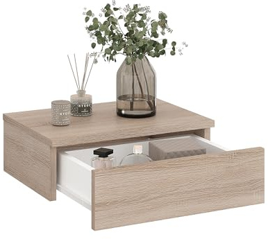 KOMTO Wandregal mit Schublade Sonoma Eiche - Nachttisch Hängend Nachttisch Wandmontage Wandschublade Nachtschrank Hängend | Monaco 42 x 30 x 15 cm