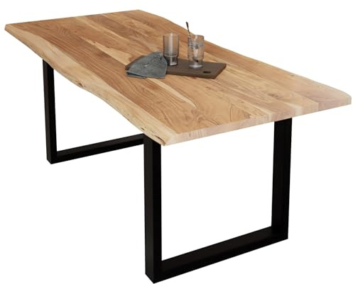Liadomo Esstisch 220x100 Diala Natur, U-Gestell schwarz | Baumkante, Akazie Massivholz Tisch, 35 mm Tischplatte lackiert, Metallgestell, Robust & Pflegeleicht, bis zu 10 Personen