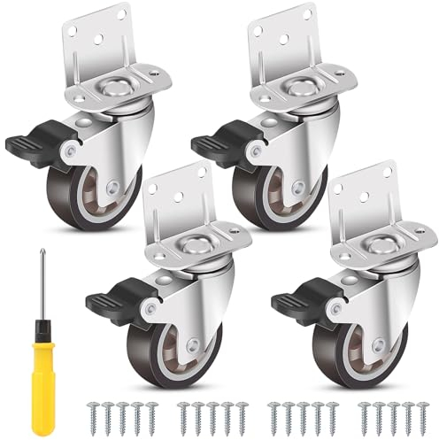 4er Set Möbelrollen 50mm, L-shaped Möbelrollen mit Bremse, 360-Grad Schwerlastrollen mit 20 Schrauben, 1 Schraubenzieher, Rollen für Möbel Gesamttragkraft 270kg Lenkrollen